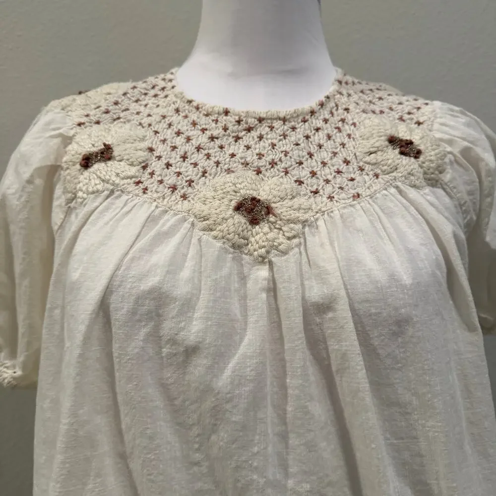 Anthropologie Cream Floral Embroidered Cotton Peasant Blouse Small Boho Cottage